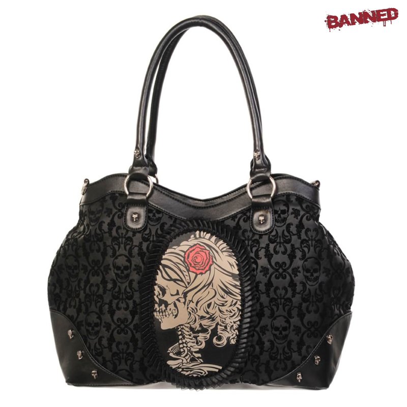 BANNED Flocked Cameo Lady Rose Skull Handbag black
