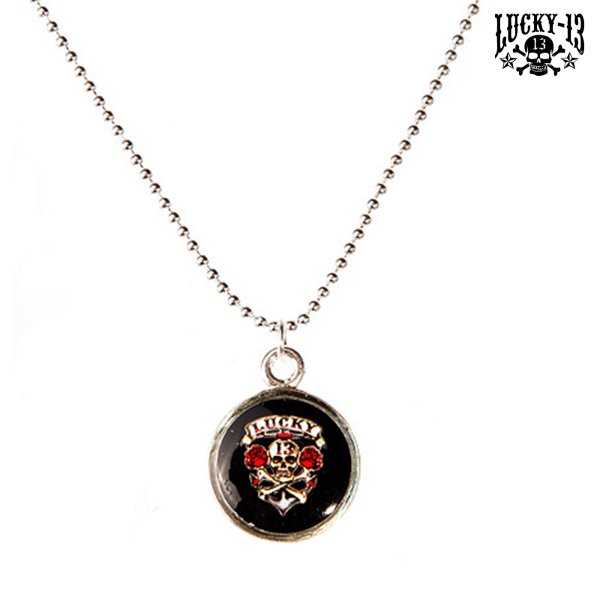 LUCKY 13 Necklace with Skull & Roses Pendant