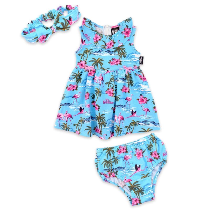 SIX BUNNIES 3 pcs baby dress set Flamingos blue