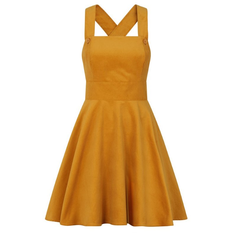 HELL BUNNY Wonder Years Pinafore Dress mustard