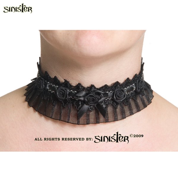 Sinister Halsband mit Satinrosen und Silberfaden