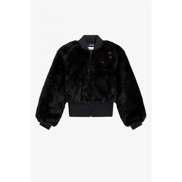 FRED PERRY Amy Heart Detail Faux Fur Jacket black