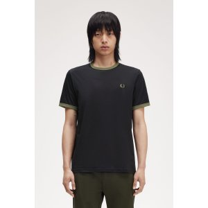 FRED PERRY Ringer T-Shirt black / laurel wreath green