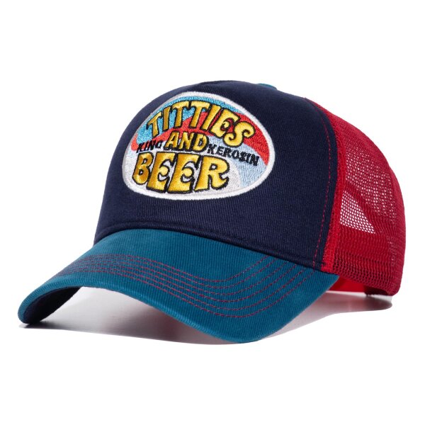 KING KEROSIN Trucker Cap Titties And Beer blue & red