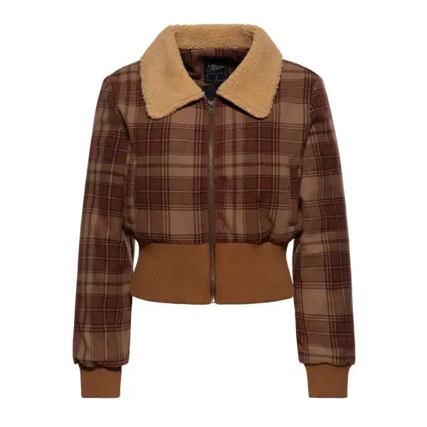 QUEEN KEROSIN Womens Cropped Flannel Jacket with Teddy Collar brown